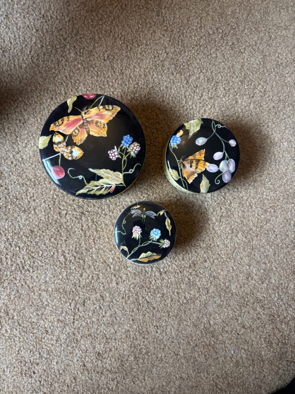 Set of 3 Black Butterfly Floral Decorative Tins